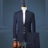Design Navy Blue Men Wedding Suits Stand kraag slanke fit bruidegom Tuxedos mannelijke jurk prom man blazer 2 stuks set heren blazer299o