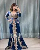 Robe de soirée marocaine élégante Robes de fête formelles Appliques en dentelle bleue Algérien Dubaï Sirène musulmane islamique Robes de bal à manches longues 0509