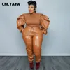 Calças femininas tamanho grande CMYAYAYA conjunto elegante PU puff manga longa remendo suéter e calça terno atlético duas peças 230705