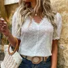 Women's Blouses Hollow Lace Shirts 2023 Women Summer Puff Sleeve Tops Vintage Elegant Pullover White Blouse Fashion V-neck Solid Shirt