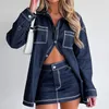 Jupes automne mode femmes 2 pièces jupe ensemble à manches longues bouton fermeture Denim chemise avec Mini automne tenue Streetwear pour dames