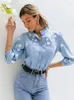 Damenblusen Simplee Denim Hellblau Puffärmel Weibliche Bluse Lässiger Stehkragen Mittellanges Damenhemd Frühling Sommer Büro