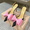 Latest Satin Bow Pumps Womens andals Leather Sole Rhinestone Slingbacks Decoration Women Stiletto Heel Sandals Top quality Designer Dinner Dress Shoes with Box