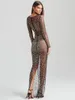 Abiti casual Modphy Women Sexy See Through Shiny Luxury Crystal Diamond Mesh Bodycon strass Abito lungo Nightclub Festeggia la festa