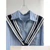 Women's T Shirts 2023 Spring/Summer Loose Versatile Navy Tie Vertical Stripe Blue Shirt Curved Bottom