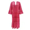 Robes décontractées femmes robe géométrique impression Patchwork Maxi col en v manches évasées longue coupe ample vacances plage