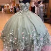 Abiti da principessa Quinceanera lucidi verde menta 2024 Appliques 3DFlower Corsetto con lacci con spalle scoperte Abiti da 15 anos