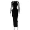 Casual Kleider Mesh Transparent Midi Frauen Schlank Runde Kragen Damen Outfits Langarm Mode Elegante Weibliche Nähte Kleid