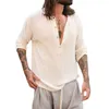 Men's Casual Shirts Men Flax Shirt Solid Color Stand Collar Tops Long Sleeve Buttons Half Placket Pullover
