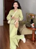 Calça feminina de duas peças estilo coreano conjunto de calça verde vintage bandagem feminina designer casual blusas de manga comprida e cintura alta solta outono