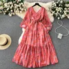 Casual Dresses Retro Floral Print Lantern Sleeve Elegant Dress A-line Beach Vacation Women Fashion Evening Party Summer Vestidos