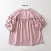 Women's Blouses Sweet Cotton Short Puff Ruffled Sleeve O Neck Shirt Mori Girl Japanese Vintage Edwardian Kawaii Cute Lolita Casual Top