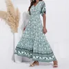 Vestidos Casuais Estampa Floral Boêmio Manga Curta Decote em V Boho Beach Vestido Longo Férias Solta Vestidos de Verão Feminino Robe Femmes