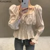 Dames Blouses Shirts Chic Korea Off Shoulder Tops Blusas Vrouwen Lente Effen Kleur Vlinderdas Slanke Taille Een Lijn Buik Peplum Korte Shirts Blouses 230705