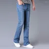 Jeans Masculino Vintage Primavera Verão Fino Casual Flare Skinny Elástico Marca Calças de Perna Larga Calças de Algodão Finas Preto Azul