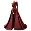 Dresses Burgundy Satin Middle East Mermaid Prom Dresses With Detachable Train One Shoulder Thigh High Split Long Sleeve Evening Gowns Arab