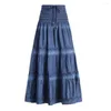Jupes Casual Lâche Longue Couture Jupe Plissée Femmes D'été Bleu Denim Mode Coréenne Vintage Pour Les Femmes