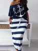 Calça Feminina Plus Size LW Duas Peças Conjunto de Saia Listrada com Estampa de Letra Moda Casual Oblíqua Gola Bateau Tops de VerãoBottoms Combinando Roupas 230705