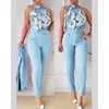 Femmes deux pièces pantalon mode décontracté ensemble 2023 printemps mignon frais doux taille haute avec ceinture fleur imprimé licou débardeur