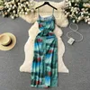 Vestidos casuales Foamlina French Retro Tie Dye Print Spaghetti Strap Vestido Mujer Moda Verano Sin mangas Slim Split Beach Holidays Party