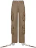 Dambyxor Capris Rapcopter Ruched Stora fickor Cargo Jeans Retro Sportiga byxor med låg midja Ljusbrun Mode Streetwear Denim Joggers Dam J230705