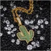 Pendant Necklaces Hip Hop Solid Cactus For Mens Cz Bling Iced Out Desert Plant Gold Sier Twisted Rope Chain Women Hiphop Jewelry Dro Dhijt