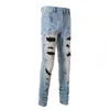 Herrenjeans Arrival Blue Distressed Slim Streetwear Damaged Skinny High Stretch Destroyed Rhinestones Patchwork Ripped Denim