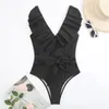 Damenbadebekleidung Sommer Rüschen Bikini Frauen rückenfrei hohe Taille Strand Badeanzug Monokini Bandage Sexy Push Up Solid One Piece