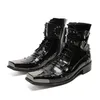 Voor laarzen Britse enkelleer echte zwarte stijl vierkante stalen teen buckle militaire bezaaid botas punk schoenen mannen 194