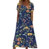 Casual Dresses Lady Dress Flower Print O Neck Short Sleeves Women A-line Loose Hem Mid-calf Length Party Pleated Pockets