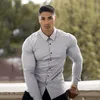 Męskie ubranie koszule moda męska na co dzień z długim rękawem solidna koszula Super Slim Fit męska społeczna biznesowa koszula marki mężczyźni Fitness odzież sportowa 230706