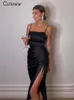 Basic Casual Klänningar Söt Solid Svart Elegant Maxi Klänning Mode Sexig High Side Slit Dragsko Dam Lång Bal Party Streetwear 230707