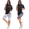Print Two Piece Pants Casual Crew Neck T-shirt and Shorts Set Women Summer Outfits Free Ship