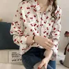 Damblusar Långärmade skjortor Vintage Lös Casual Blus 2023 Vår Kvinnor Chic Chrry Blommig tryckt Blusas