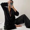 Vrouwen Slaap Lounge Satijnen Pyjama Vrouwen Button-down Nachtkleding Nachtjapon Turn-down Kraag Pyjama Nachtkleding Met Broek 2 STUKS ShirtPants Pak