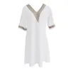 Casual Dresses Women Cotton Linen Dress Summer Solid Color Hollow Out Mini Female Loose Elegant V-Neck Vestidos Robe Femmes