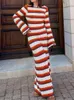 Casual Dresses Fit Flare Knit Maxi Long Dress Fashion Wave Stripe Sleeve Backless Fall Holiday Party Bodycon Y2K Streetwear