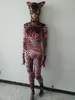 Red Tiger Halloween Cosplay Catsuit Costume Phemsuit بذلة كاملة للأطفال يمكن للبالغين إزالة قفازات قناع قابلة للإزالة