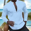 Men's Casual Shirts Men Linen Long Sleeve Top Shirt V Neck Button Up Male Business Fit Blouse Solid Flower Cardigan Blouses
