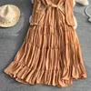 Casual Dresses Ofallsis Vintage Celebrity Style Puff Long Sleeve V Neck Pleated Waist Slim Dress 2023 Summer Elegant Large Swing