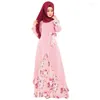 Etniska kläder Dubai Abaya Muslim Elastisk midja Lång All-match Hedging Mellanlång klänning Tryck Svart Temperament Ärm Bön för kvinnor