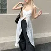 Vestidos Casuais Moda Coreana Transparente Branco Dividido Crop Tops Feminino Ruched Alça Espaguete Vestido Longo Top Sexy Verão Vestidos de Verão Decote em V