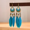 Boucles d'oreilles pendantes classique bohème longue plume colorée rétro ethnique goutte perles d'huile chaîne gland femme vacances fête bijoux