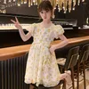 Girl Dresses Square Collar Puff Sleeve Floral Print Girls Dress Korean Fashion Princess Back Bow Kids Summer 2023