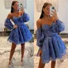 Sexy bleu paillettes dentelle robe de Cocktail chérie manches bouffantes robes de bal courtes mini fête retour robe d'occasion spéciale