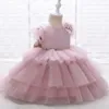 Girl's Dresses Yoliyolei Tiered Layers Tulle Dress Girl Gown Pearls Necklace V Back Design Flower Girl Wedding Clothes for Children Casual 230706