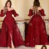 Robes De Bal Rouge Foncé Arabe Hors De La Shoder 1/2 Demi Manches Dentelle Appliques Cristaux Avec Surjupe Soirée Robe De Bal Parti Formelle Pl Dh8Fb