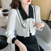 Damblusar Koreanskt mode Estetisk skjorta Vår Sommar Yrke Kontorskläder Chiffong långärmad kofta rosett Elegant blus för kvinnor