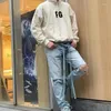 Herrenjeans der Marke High Street mit ausgefransten Löchern und Schärpen, Retro, gerade, Distressed, zerrissen, lässig, übergroß, Baggy-Denim-Hose