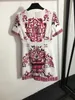 Designer Dress White Skirt Vintage Red Print Skirts Beaded With Diamonds Retro Prints Round Neck Slim Short Sleeve Casual Dress Summer Fashion Out Womens Clothing 55